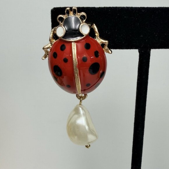 Zara NWOT Ladybug Statement Drop Earrings Red Black Gold Tone Pearl Dangle - Picture 3 of 8
